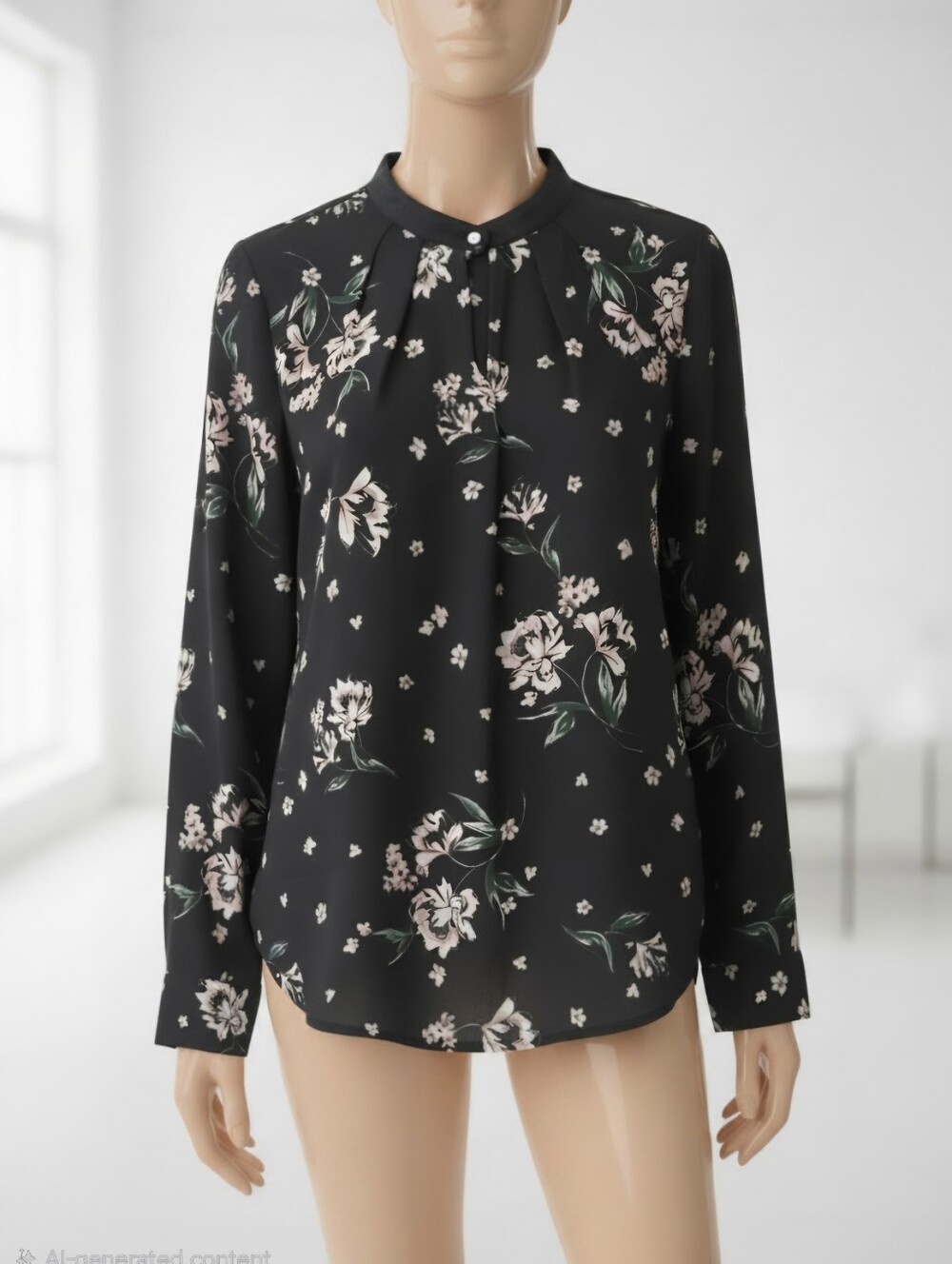 Ivanka Trump Black Floral Pleat-Neck Long Sleeve Blouse